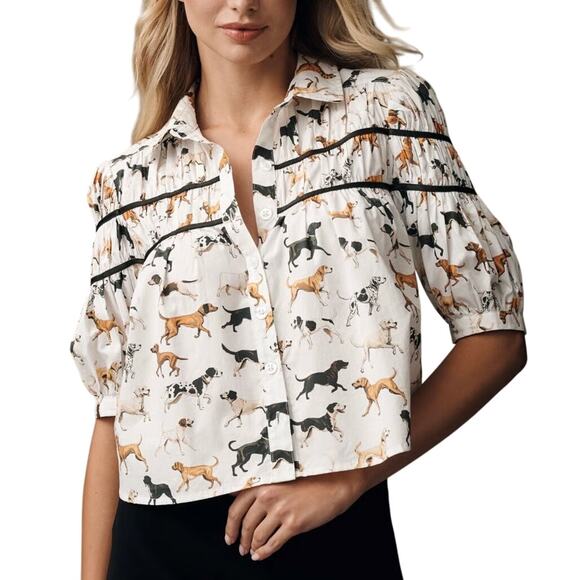 MAEVE Anthropologie The Leandra Shirred Yoke Blouse Dog Icon Print - 3X - NWT - Picture 1 of 5